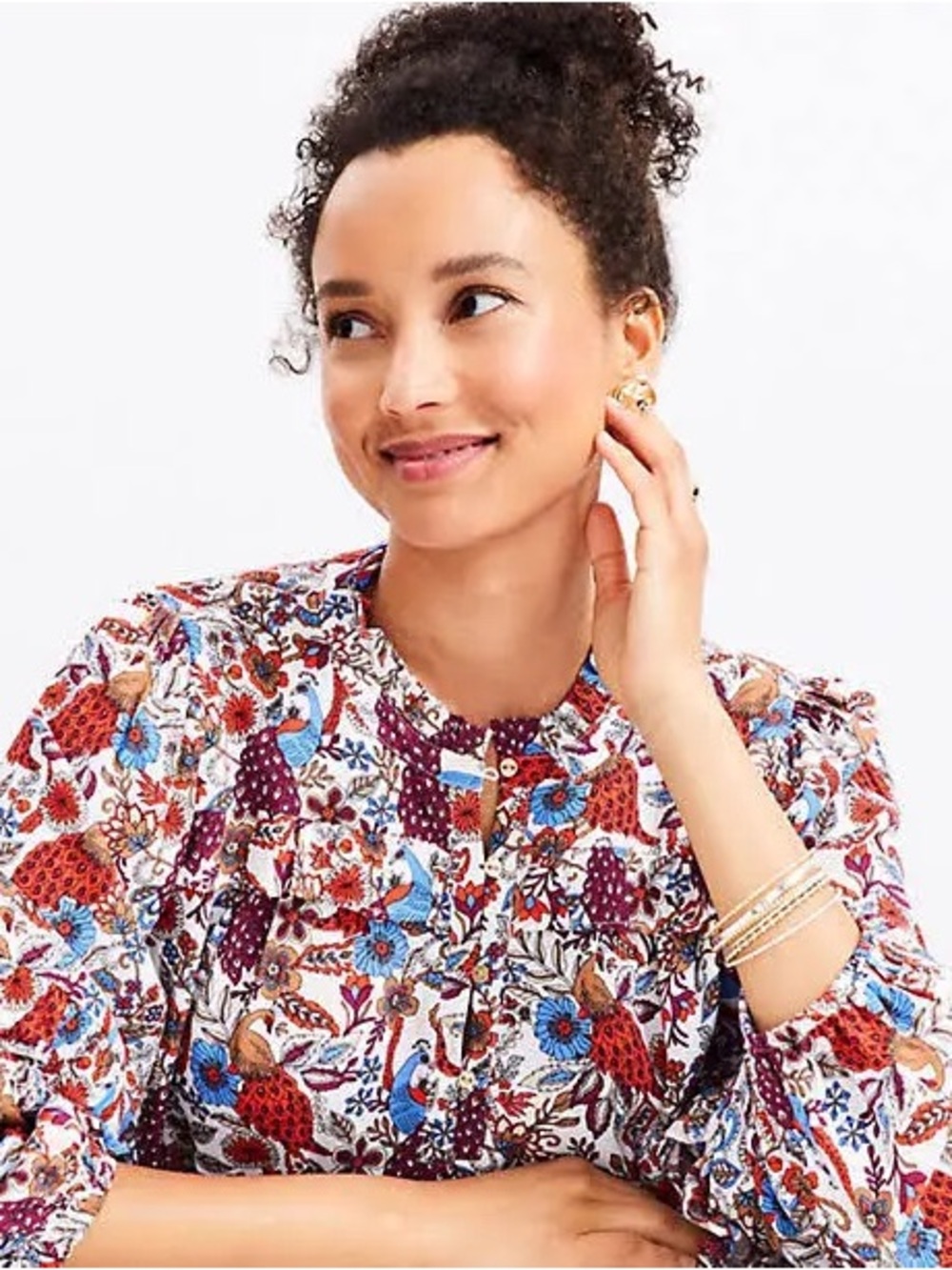 Loft Peacock Print Ruffle Button Blouse - Picture 2 of 13